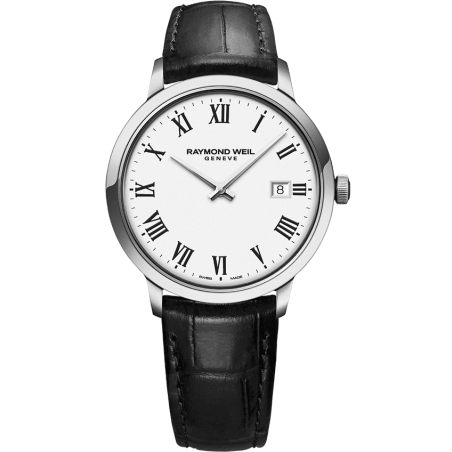 Toccata Men's Classic White Dial Quartz Watch, 39mm Stainless steel, black leather strap, white dial 5485-STC-00300