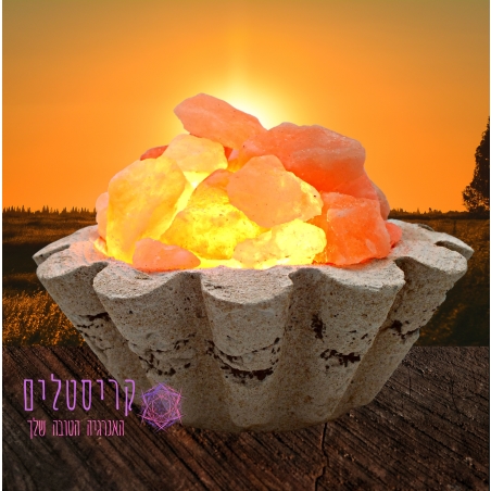 מנורת גבישי מלח הימלאיה בקערת חרס בצורת פרח
