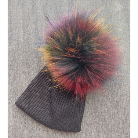 כובע שחור עם פונפון בגוון צבעוני 0-6M