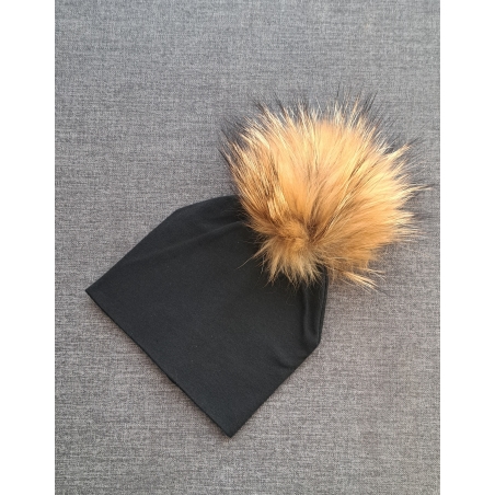 כובע טריקו בצבע שחור עם פונפון בגוון חום - מידה 0-3M