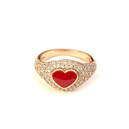 טבעת זרת רוז גולד לב בצבע אדום