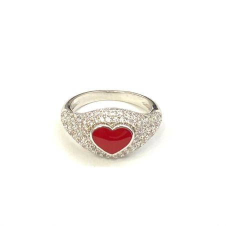 טבעת זרת כסף לב בצבע אדום