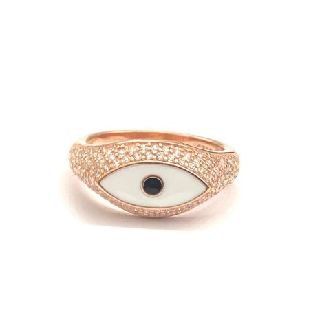 טבעת כסף 925 בציפוי רוז גולד עין לבנה עטופה זרקונים 