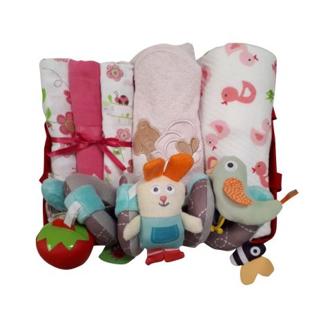 11# - אושר רך ומלטף לבת : מתנה רכה המכילה קופסת צעצועים, שמיכה, מגבת, חיתולי טטרה, ספירלה לעגלה/ סלקל