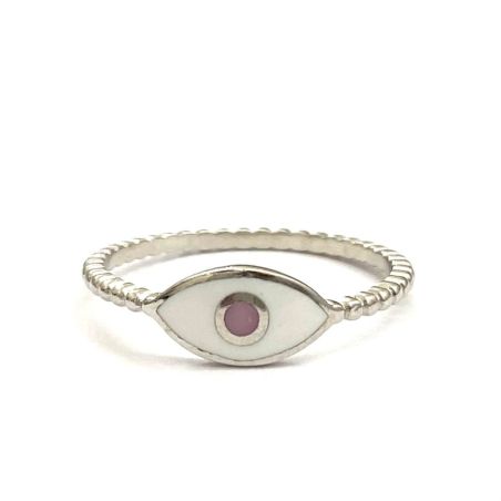 טבעת כסף 925 עין לבנה עם נקודה ורודה