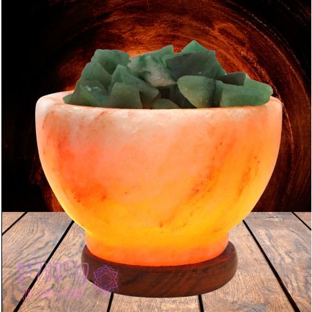 מנורת מלח הימלאיה טבעי מלוטש בצורת גביע עם גבישי קריסטל אוונטורין גולמיים 