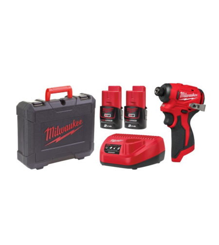 מברגת אימפקט 12V + זוג סוללות 2Ah + מטען + ארגז נשיאה Milwaukee