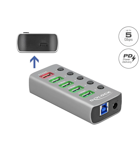 מפצל USB HUB מקצועי USB 3.2 Gen 1 PD עם 4 כניסות USB-A תומך בטעינה מהירה 5/12 וולט Delock