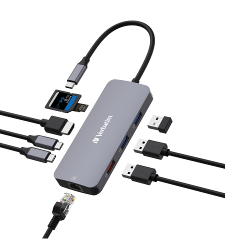 VERBATIM USB-C™PRO MULTIPORT HUB 1 x HDMI, 1 x RJ45, 2 x USB-C 3.2 Gen2, 1 x USB-A 3.2 Gen2, 2 x USB-A 3.2 Gen1, 1 x SD card slot, 1 x microSD card slot