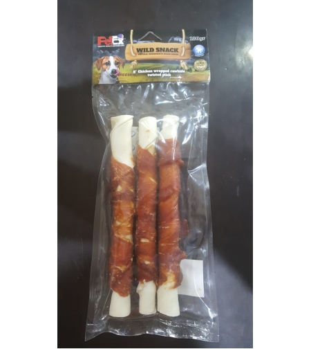 מקלות עור בקר בציפןי בשר עוף 8 אינץ(3 יחידות) Chicken wrapped rawhide twisted stick 