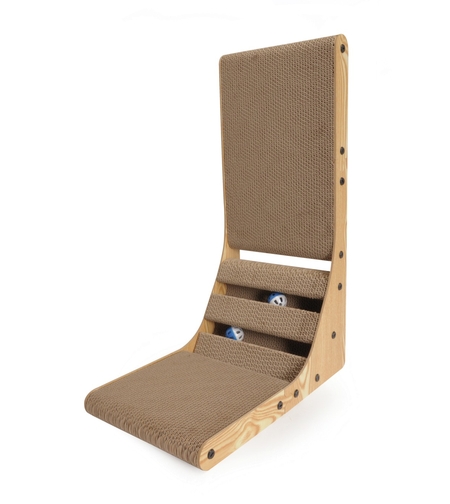 משטח גירוד לחתול מקרטון עם מסגרת עץ וכדורי משחק