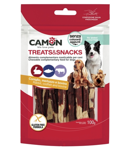 חטיף רצועות עור ארנבת, דג בקלה ובקר