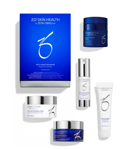 ערכת אנטי אייג'ינג ZO Skin Health עם סבון פנים, פילינג, פדים, Daily Power Defense וסרום Growth Factor