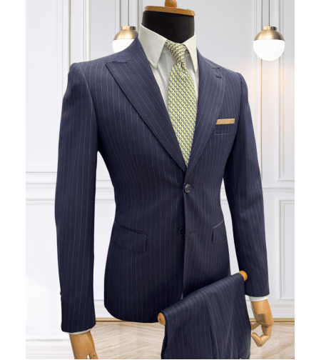 חליפת גברים SKINNY FIT – כחול נייבי עם פסים דקים | 70% צמר, 30% פוליאסטר