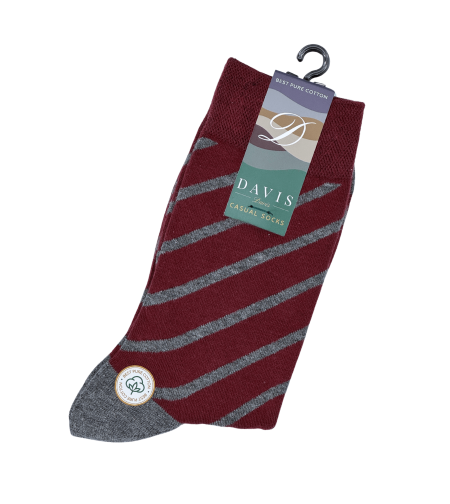 גרב כותנה איכותית בדיגום פסים אלכסון בצבעים בורדו וכחול, דגם 402.