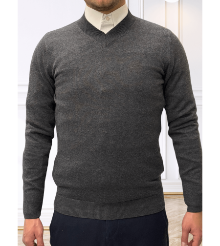 סריג כותנה וי דגם 609 – קלאסי קליל ונעים - אפור כהה