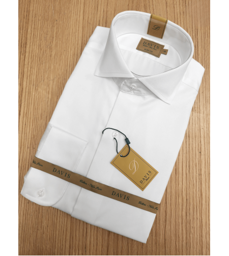 חולצת סאטן לבנה | צווארון איטלקי חתוך | DAVIS | SLIM FIT |  ללא גיהוץ | סדרת GOLD LABEL