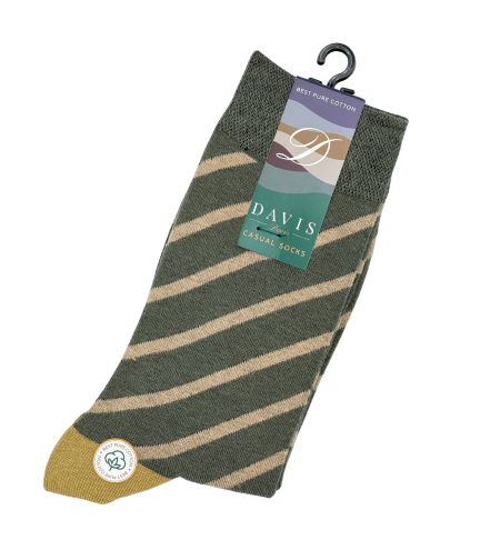 גרב כותנה איכותית בדיגום פסים אלכסון בצבעים ירוק וזהב, דגם 404.