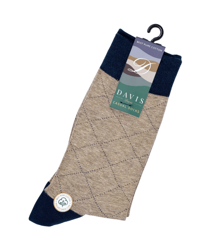 גרב כותנה איכותית בדיגום מעויינים עדין בצבעים חום בהיר וכחול, דגם 409.