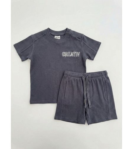 חליפה קיץ מדוגמת בד ריב 2-10 בנים (אפור/ירוק/אופוויט/שמנת)