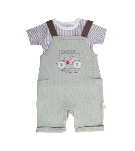 סט 2 חלקים אוברול וחולצה 0-12M תינוקות בנים (תכלת/ירוק)