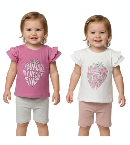 חליפה קיץ מדוגמת 6-24M תינוקות בנות (לבן/ורוד)