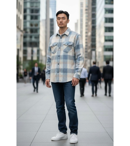 חולצה מכופתרת בד פלנל משובץ S-XXL גבר (תכלת)