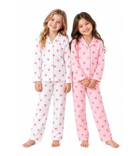 פיג'מה מעבר PINK מכופתרת 4-10 בנות (ורוד/לבן)