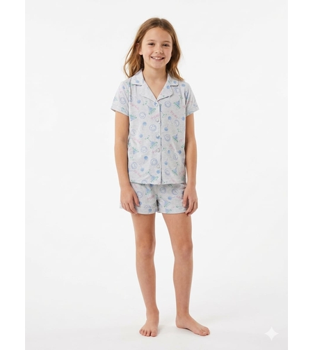 פיג'מה קיץ מכופתרת 2-12 בנות סמיילי (אפור/ורוד)