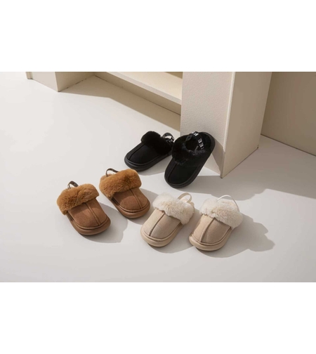 נעלי בית פרווה רצועת גומי אחורי 24-29 בנות (שחור/אופוויט/חום)