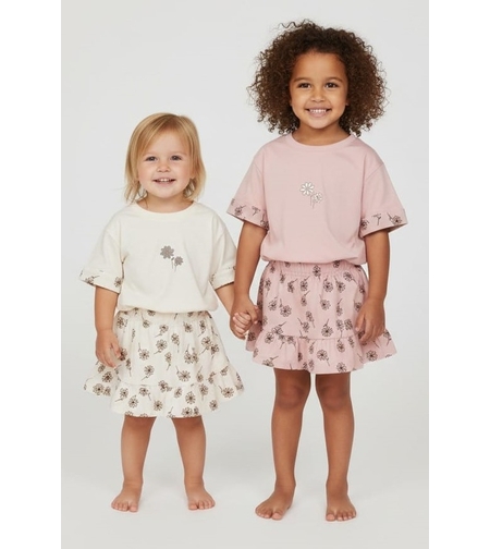 חליפה קיץ מדוגמת חצאית טייץ 2-8 בנות (שמנת/ורוד)