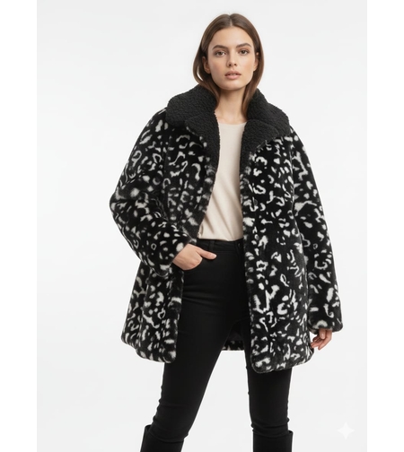 ג'קט קפוצ'ון פרווה מדוגם ONE SIZE נשים (שחור)