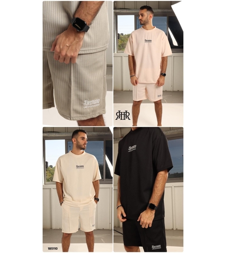 חליפה קיץ מדוגמת S-XXL גבר (שחור/אפרסק/שמנת)