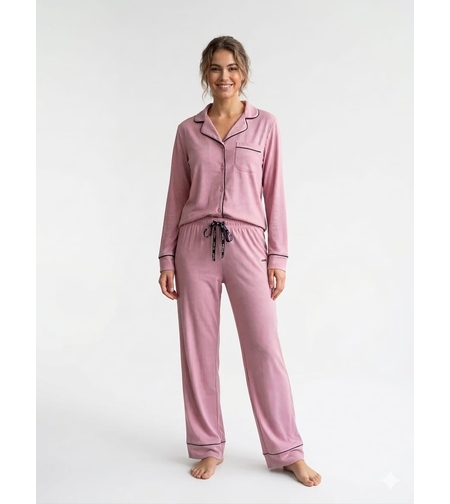 פיג'מה מכופתרת REPLAY שרוול ארוך S-XXL נשים (ורוד/אופוויט)