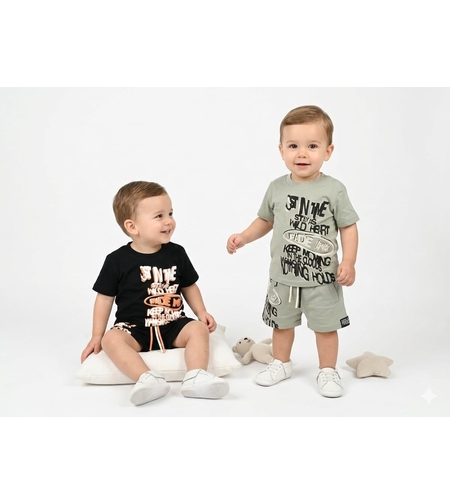 חליפה קיץ מדוגמת 12-24M תינוקות בנים (שחור/ירוק)