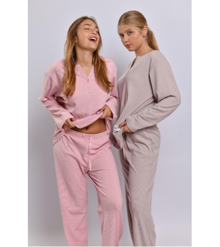 פיג'מה בד רך LAMBADA נשים S-XL (ורוד עתיק/ורוד/אופוויט)