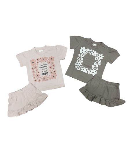 חליפה קיץ מדוגמת חצאית טייץ 12-24M תינוקות בנות (אפור/ורוד)