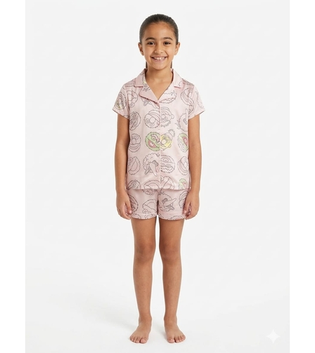 פיג'מה קיץ מכופתרת 2-12 בנות סומסום (ורוד/ירוק)