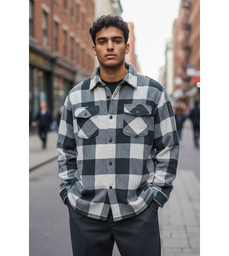 חולצה מכופתרת בד פלנל משובץ S-XXL גבר (שחור לבן)