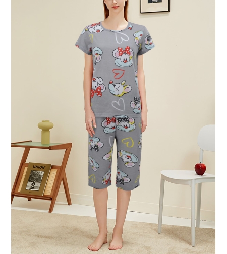 פיג'מה קיץ מכנס 7/8 מדוגמת S-XXL נשים (אפור)