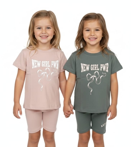 חליפה קיץ מדוגמת 2-10 בנות (אפור/ורוד עתיק)