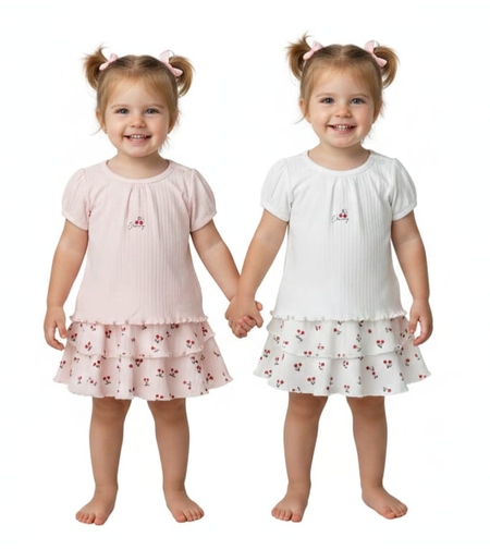 חליפה קיץ חצאית בד ריב 6-24M תינוקות בנות (ורוד/לבן)