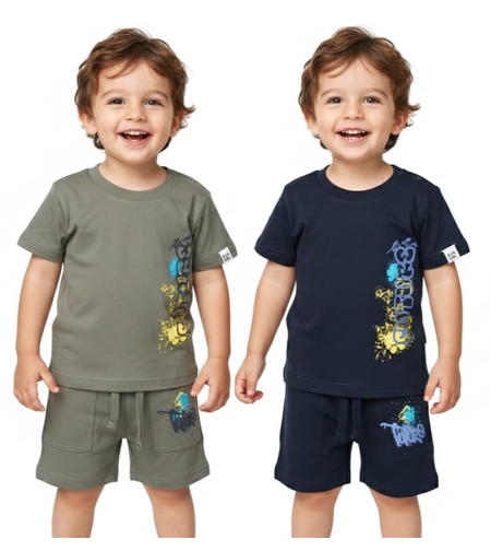 חליפה קיץ מדוגמת 6-24M תינוקות בנים (כחול/אפור)