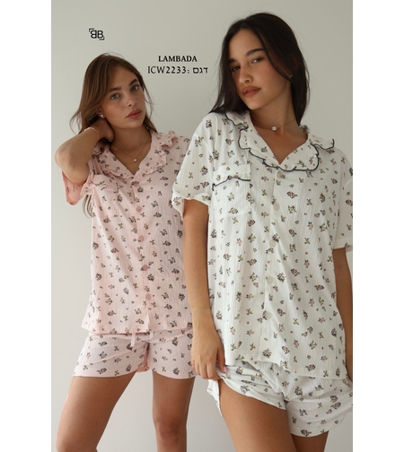 פיג'מה LAMBADA מכופתרת שורט פרחים S-XL נשים (ורוד/לבן/חום)