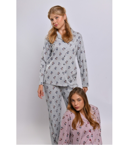 פיג'מה מכופתרת פסים LAMBADA נשים S-XL (אפור/בורדו)