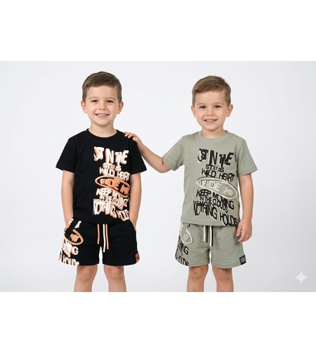 חליפה קיץ מדוגמת כותנה 2-10 בנים (ירוק/שחור)