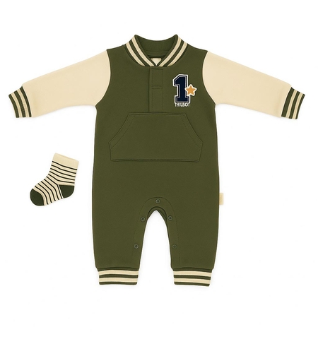 סט 2 חלקים אוברול וגרביים 0-9M תינוקות בנים (ירוק זית)