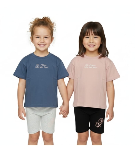 חליפה קיץ מדוגמת 2-10 בנות (כחול/ורוד עתיק)