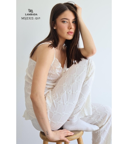 פיג'מה LAMBADA ג'קארד מכנס ארוך גופיה S-XL נשים (ורוד/שמנת/אפרסק)