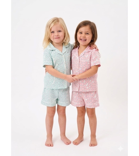 פיג'מה קיץ מכופתרת 2-12 בנות (תכלת/ורוד)